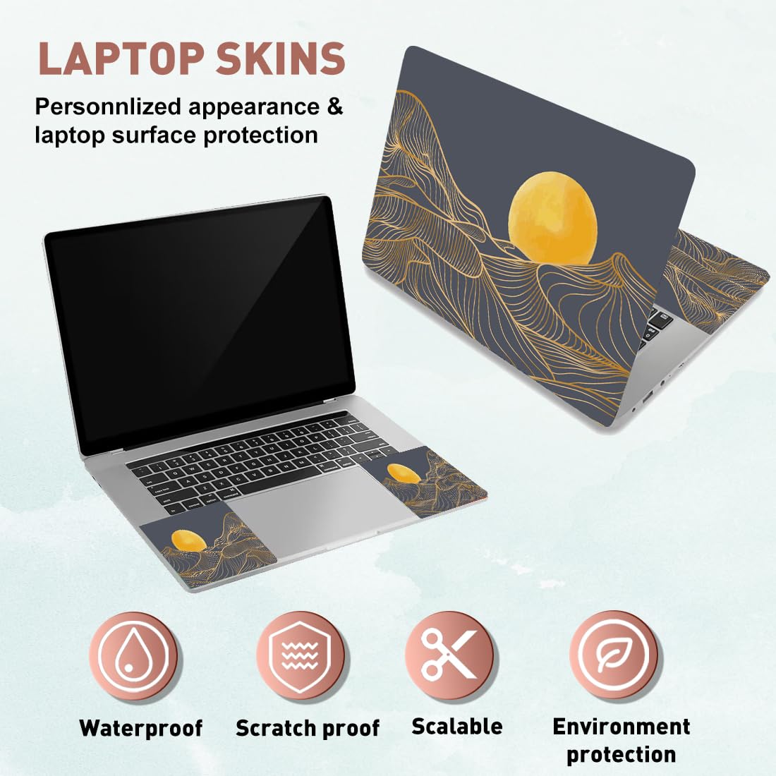 PLIGREAT Golden Sun Mountain Line Art Laptop Skin Sticker Decalcomanie Universale Vinile Riutilizzabile Notebook Decorativo FAI DA TE Adesivi di Copertura Protettiva Ad Acquerello Per Laptop Netbook