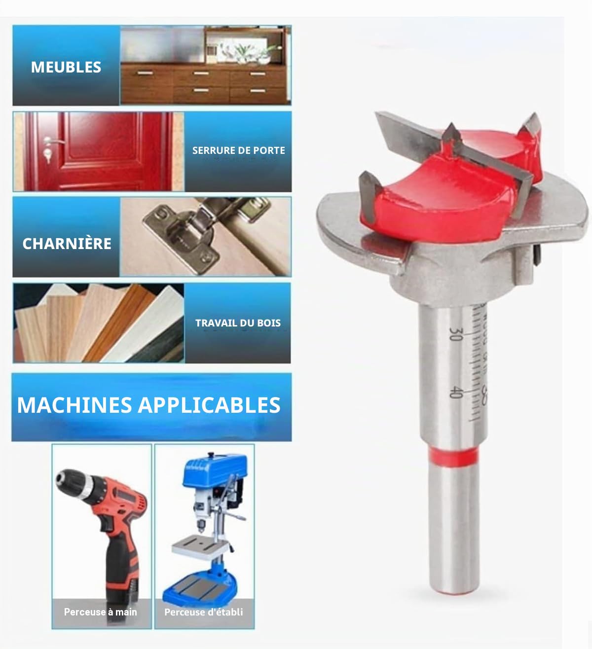 Lot de 5 forets Forstner, 15 mm, 20 mm, 25 mm, 30 mm, 35 mm, en acier au carbone, positionnement ajustable, travail du bois, foret à charnière, foret pour bois tendre et dur