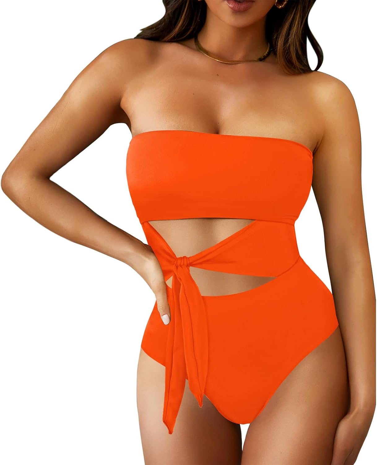 Viottiset Women's Bandeau One Piece Swimsuit Strapless Tie High Cut Out Bathing Suit - Image 2
