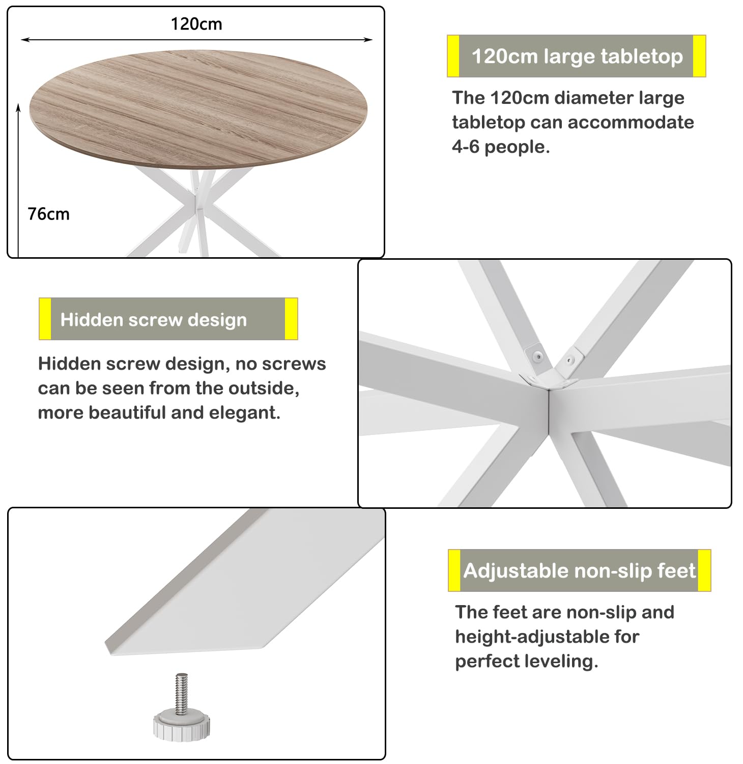 MSFE Table de Salle à Manger Ronde 120 cm, Table de Cuisine Rétro pour Salle à Manger avec Pieds en Métal Noir et Finition Noyer Naturel Délavé,Capacité 4-6 Personnes, Pieds de Table Blancs
