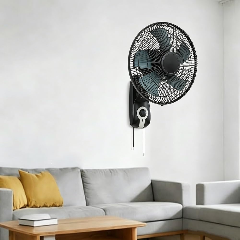 Genérico Ventilador de Pared Industrial Oscilante Interruptor por Cadena | 3 Velocidades, Oscilación de 90°, Cabezal Inclinable, 5 Aspas, Flujo de Aire Potente