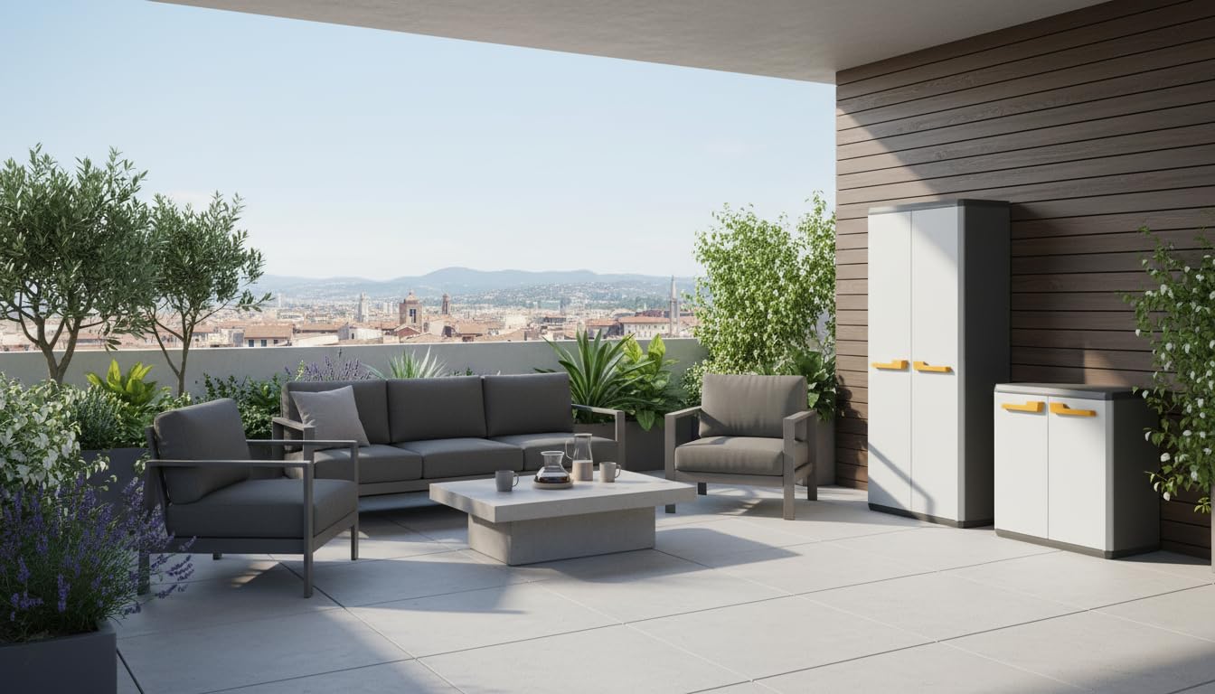 Keter Armoire Portes‑Balais Rio, Idéale pour Garage et Balcon, avec 3 Étagères Réglables, Gris, 68 × 39 × 166 cm