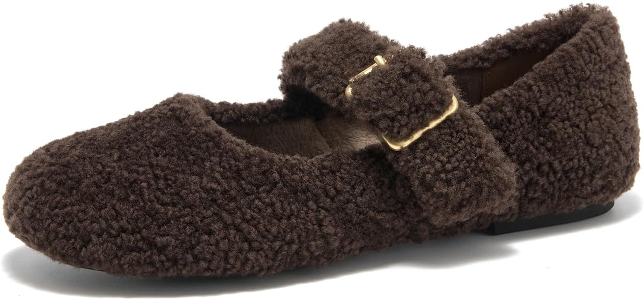 BEAU TODAY Womens Mary Jane Flats, Fur Lined Ballet Flats for Women, Supersoft Wool Mary Jane Shoes Warm Fashion Cute Flat Shoes