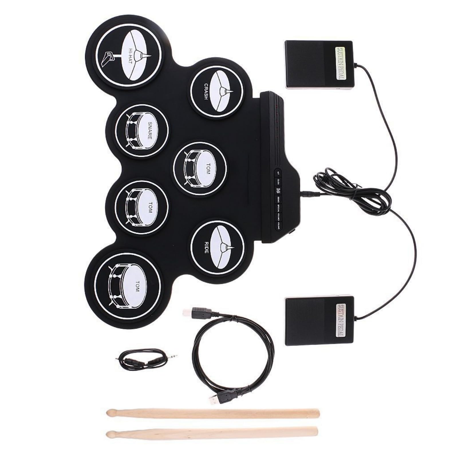 Batteria elettronica alimentata tramite USB, include uscita audio, adatta per cuffie e altoparlanti con vari set di suoni multipli