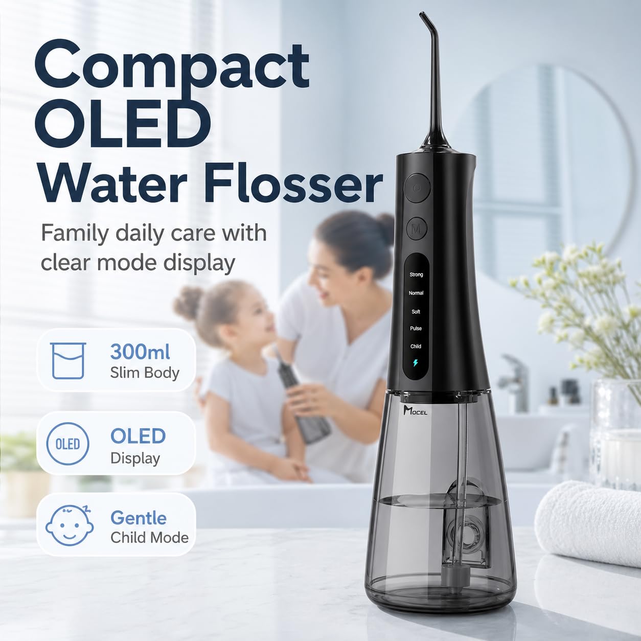 MOCEL Idropulsore dentale senza fili per denti, 300 ml, portatile, con display OLED e modalità bambino, 5 impostazioni di pressione, 6 punte, USB-C, impermeabile IPX7, bretelle e assistenza familiare