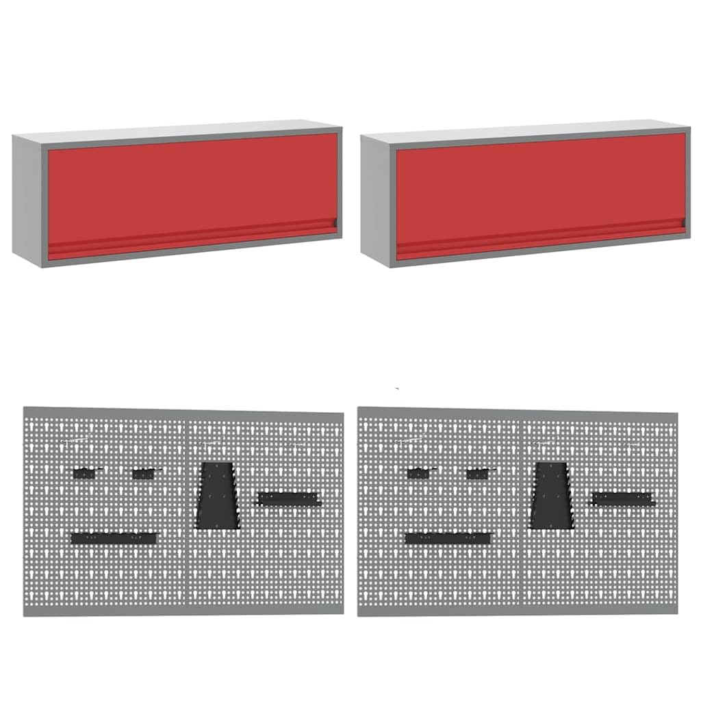 Zestaw szafek roboczych z szufladami, szafka na narzędzia ze stali malowanej proszkowo i drewna inżynieryjnego, 10-częściowy, 200 x 55 x 200 cm, czerwona, do warsztatu, garażu i wewnątrz