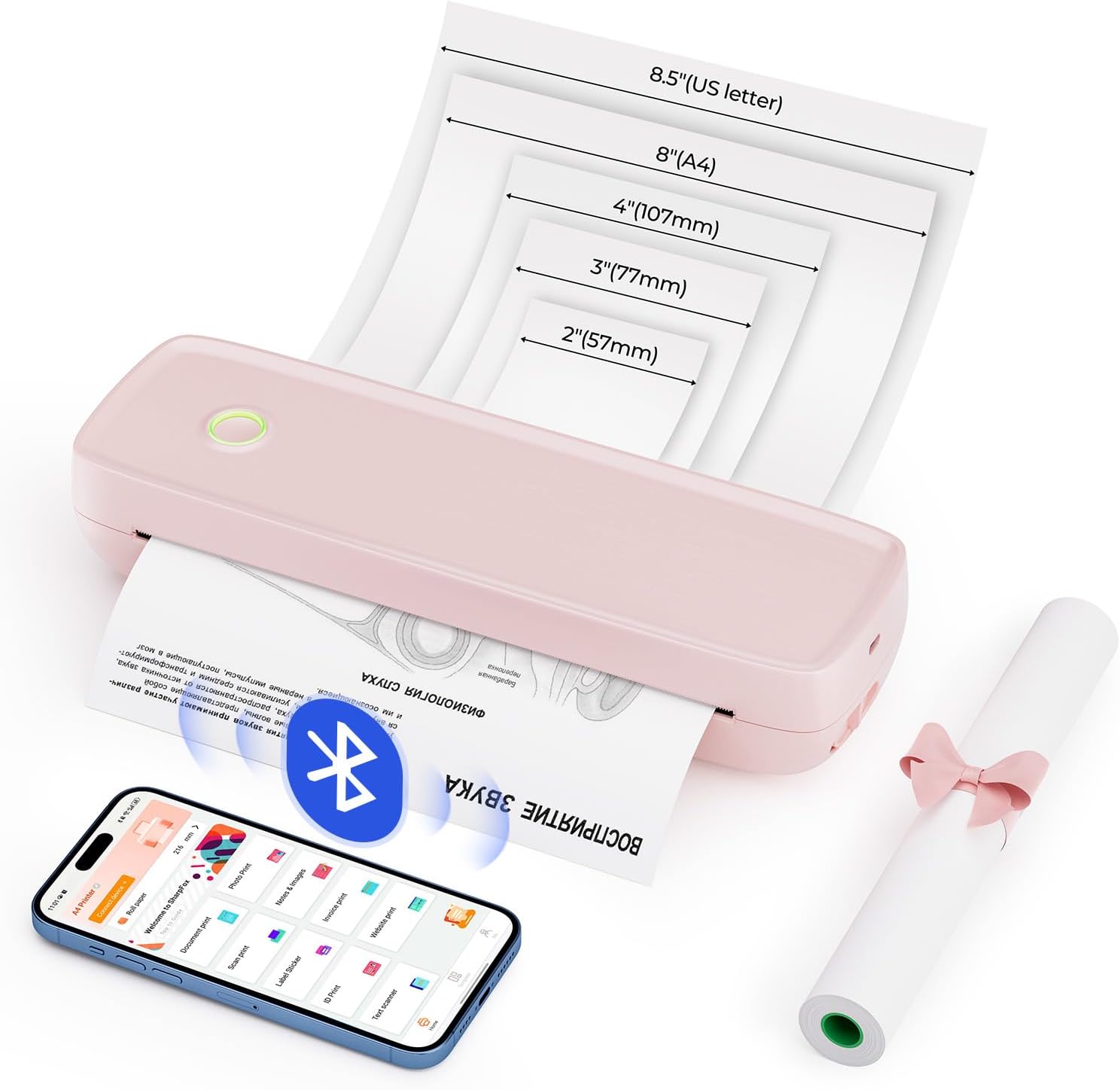 MUNBYN Portable Wireless Printer ITP04, Thermal Bluetooth Printer, Support 8.5x11&A4 Thermal Paper, Inkless, Compatible with Android & iOS Phone & Laptop, Small (Pink) Printer without carry case Pink