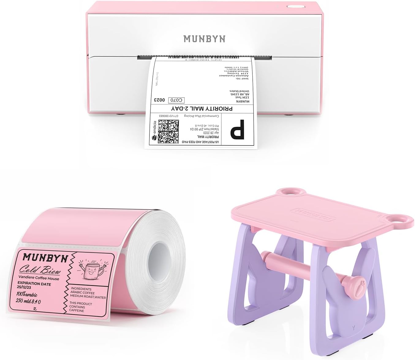 MUNBYN Bluetooth Thermal Label Printer, 4x6 Shipping Label Printer+3x2 Inch Pink Thermal Labels+Label Holder for Rolls and Fanfold Labels