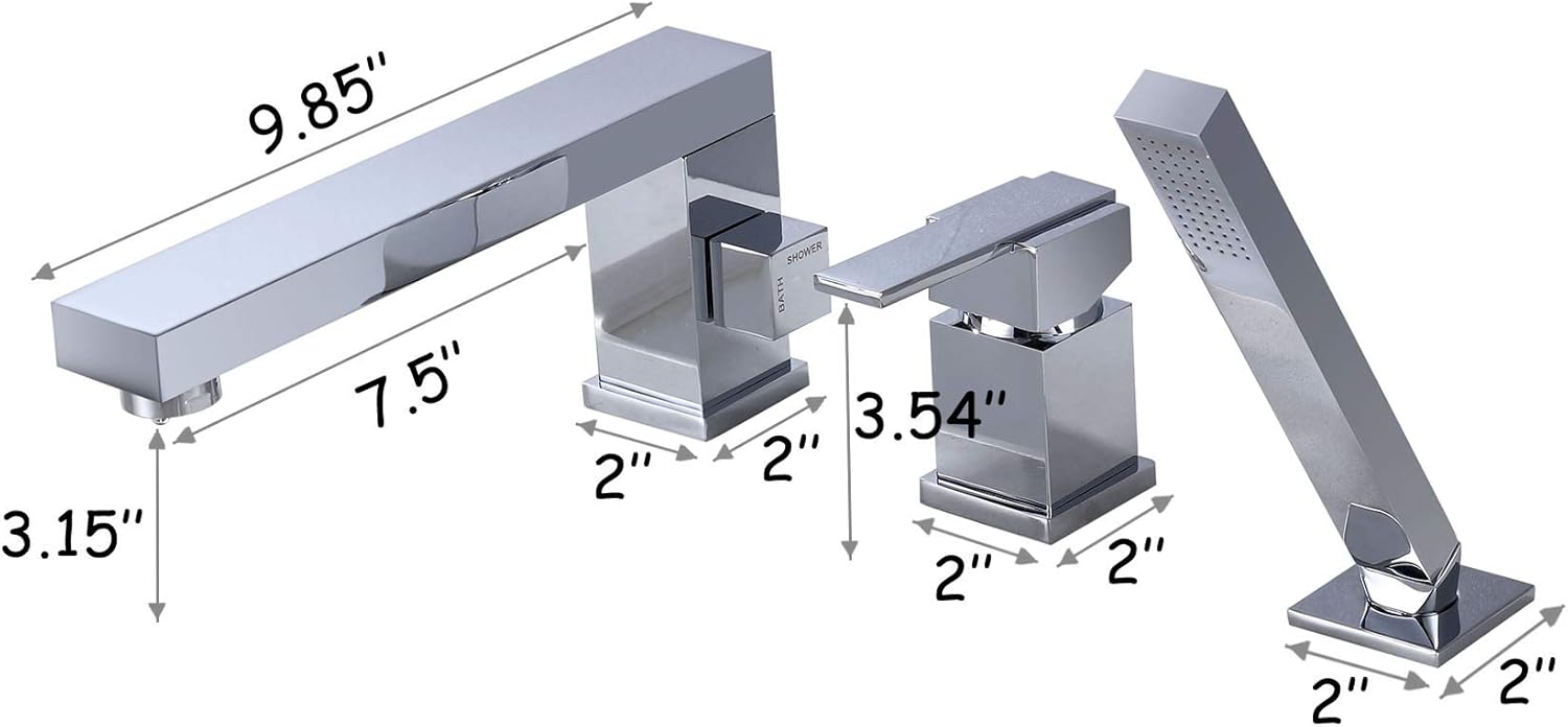 Uр Tо 60% оƒƒ Large Flow Rate Bathtub Faucet, Bathroom Basin Faucet, Square Polished Chrome Deck Mounted Multifunction 3-holes Roman Tap Set With Handheld Shower + Switch +Spout…