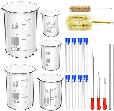 Glass Beakers Set, ZEEROQOLAB 5pcs Measuring Beaker 1000ml 500ml 250ml 100ml 50ml with 2pcs Cleaning Brush, 3pcs Droppers and 2pcs Glass Stirring Rods