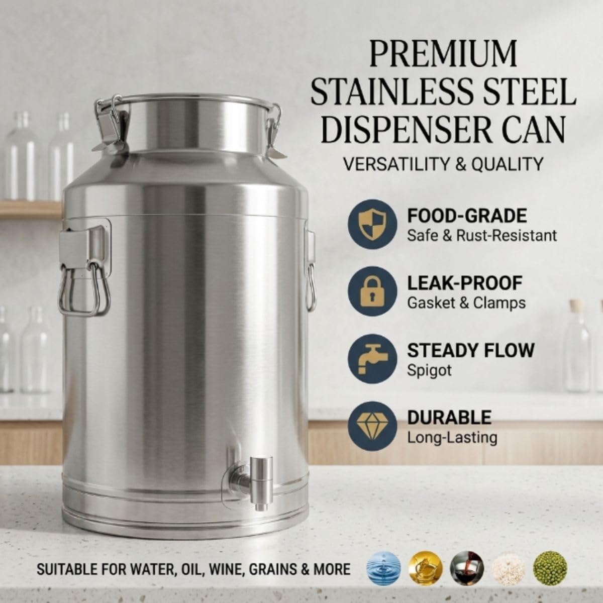 5L 14L 28L 58L Cántaro Leche Acero Inox, Dispensador Bebidas con Grifo | Cubo Hermético para Líquidos, Barril Fermentación Vino, Contenedor Aceite de Granja o Camping(With Spigot,35L)