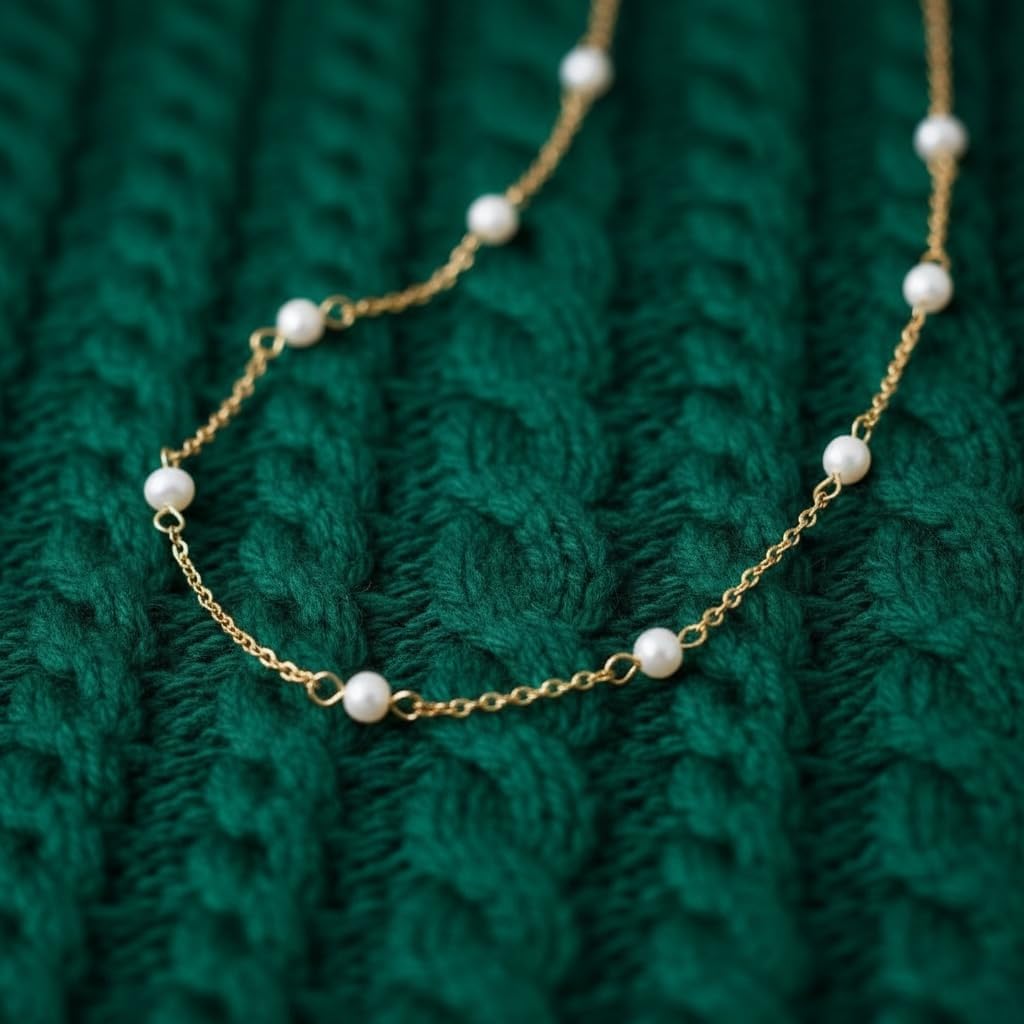 Elegant Pearl Station Necklace, 18K Yellow Gold Plated over Stainless Steel Chain with Freshwater Pearls, Delicate Choker Style for Women, Special Occasion Jewelry, Casual Necklace, 17-Inch Length with a 2-Inch Extension, Tarnish Resistant - Image 9