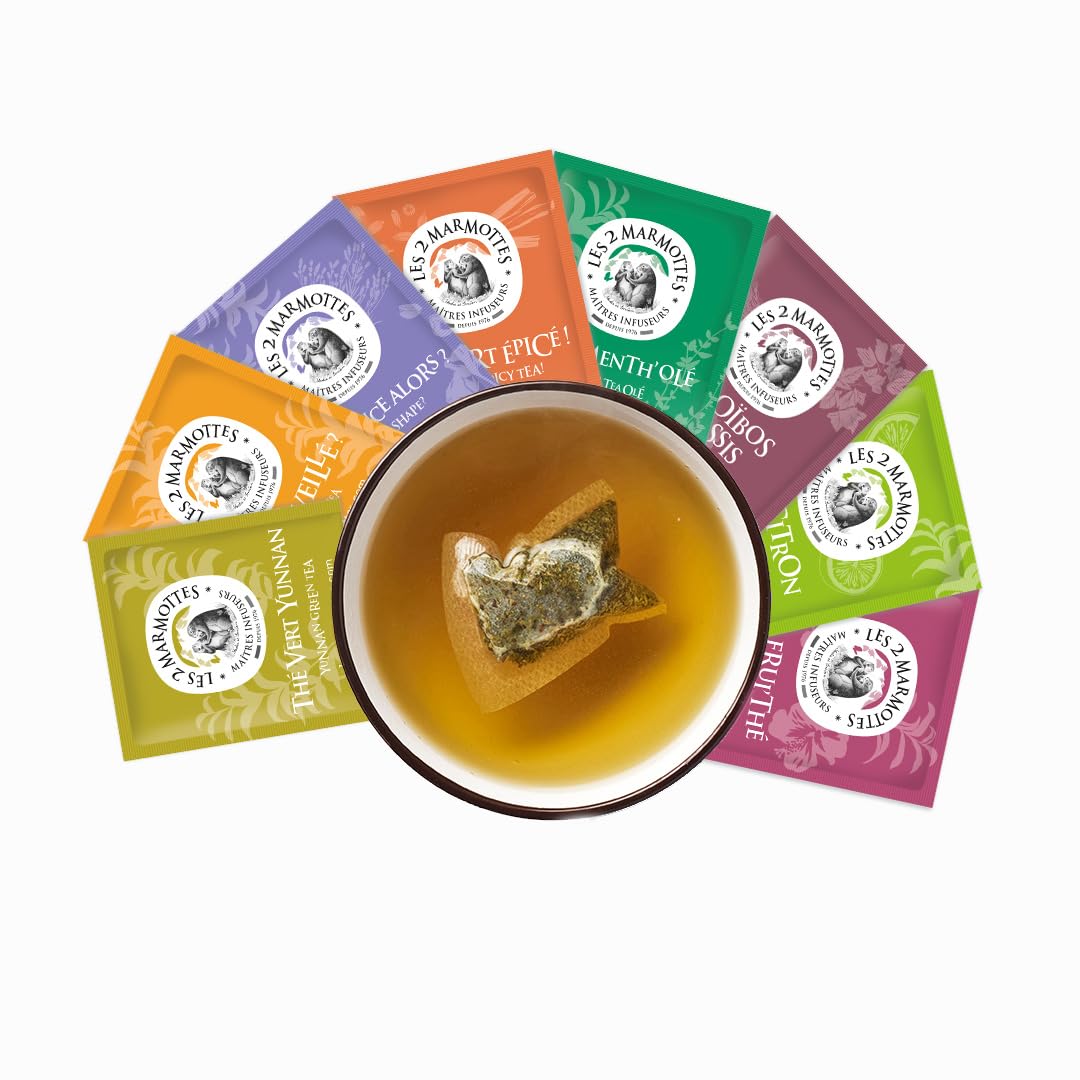 Les 2 Marmottes - Coffret L'Heure des Thés 75 Sachets - 9 Thés et Rooibos BIO - Idéal En Cadeau - Petit Déjeuner et Energisant - Made In France - Sans arômes ajoutés - 127g