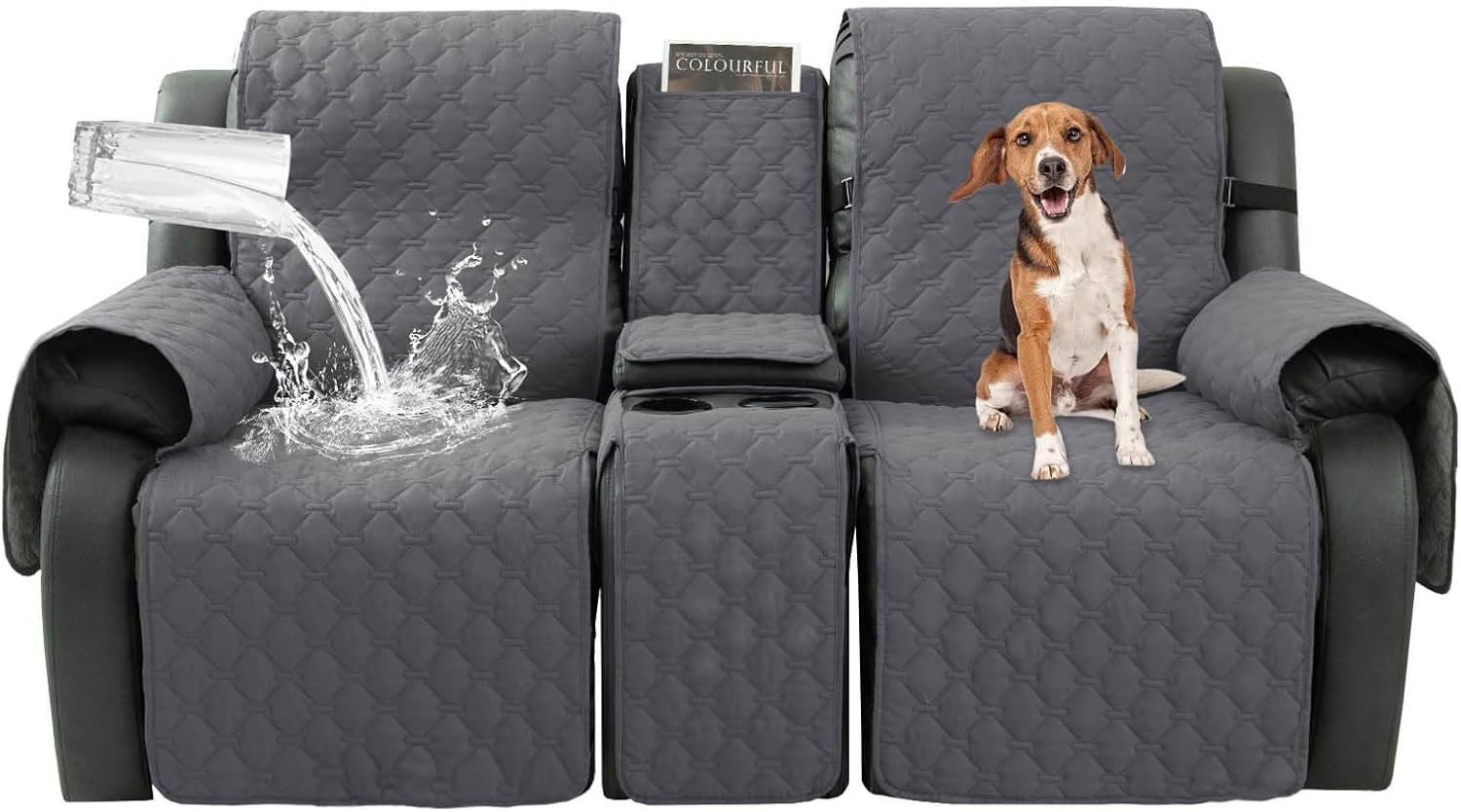 Loveseat Recliner Cover with Center Console, 100% Waterproof Pet Cover for Dual Recliner with Straps Design, Split Reclining Loveseat Covers Furniture Pet&Kids Protector (Grey)