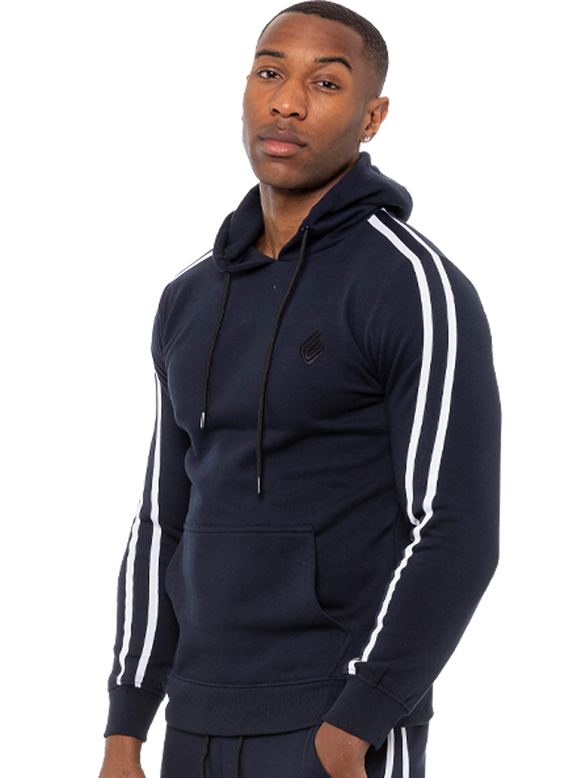 Enzo EZOHD584T Mens Fleece Hoodie Casual Gym Pullover Striped Hoody Top Logo Sweatshirt Hooded Jacket Size S - XXL (Navy, M, m)