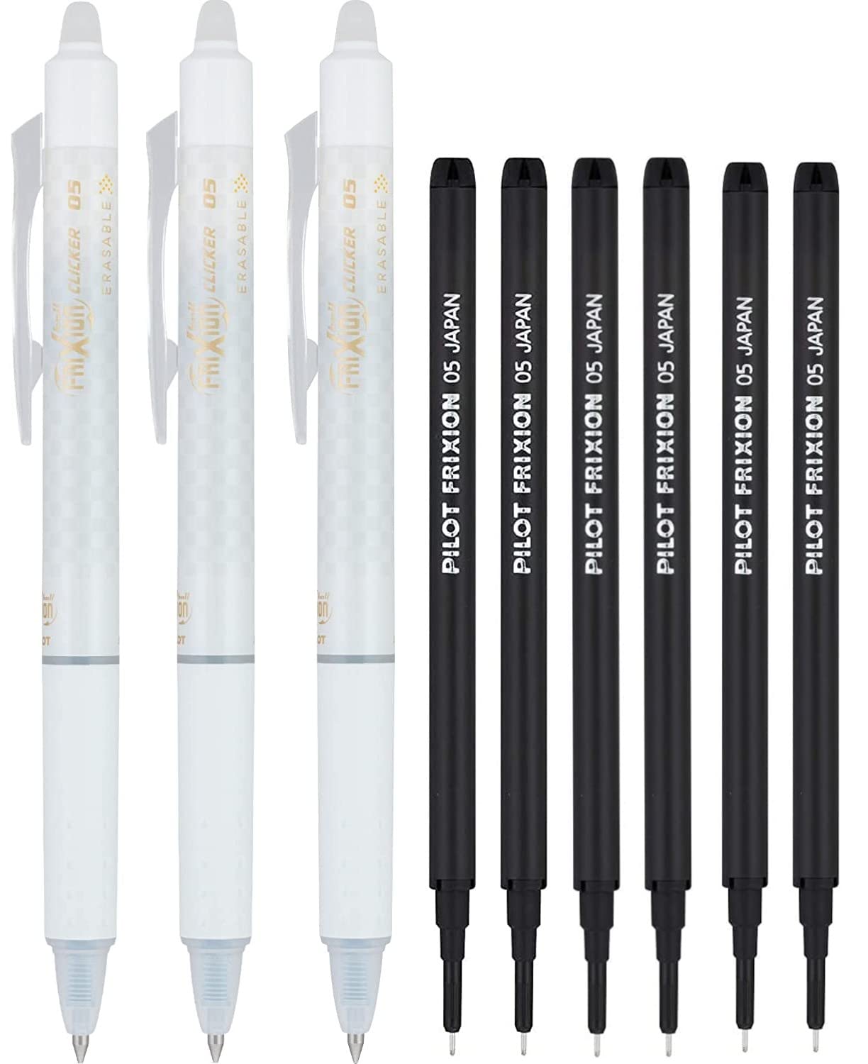 PILOT Frixion Erasable Pens 0.5 Ball Clicker Gel Ink Retractable Pen - Extra Fine Point - White Barrel - Black Ink - Pack Of 3 Pens And 6 Refills