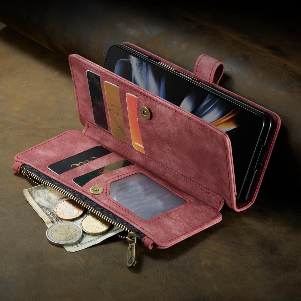 Funda Tipo Billetera de Cuero con Cremallera para Samsung Galaxy Z Fold 5 4 3 5G Funda Tipo Monedero con Ranuras para Tarjetas para Z Fold5 Fold4 Fold3, Rojo, para Z Fold4
