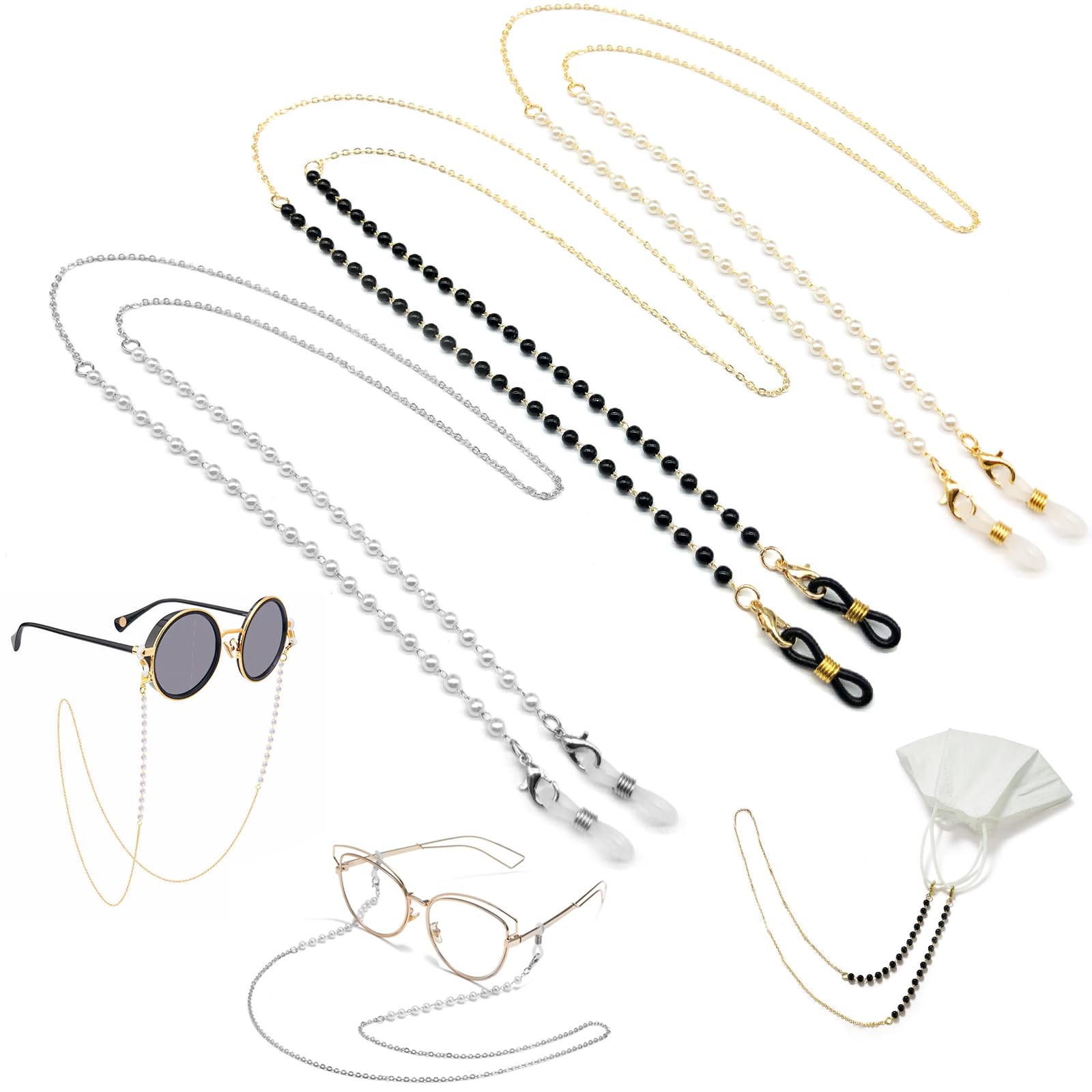 3 Pieces Pearl Spectacle Chain for Women Glasses, Elegant Specs Chains, Non-Slip Eyeglass Strap, Eyewear Retainer Link Holder 70cm