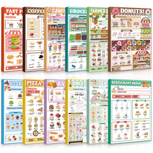 Image of Eaasty 12 Pack Kids Pretend Play Notepads 4x12 Inch,Food | 6 Career Themes Dental Police Vet Makeup Restaurant, 40 Pages per Notepad for Toddlers Imaginative Activity and Learning