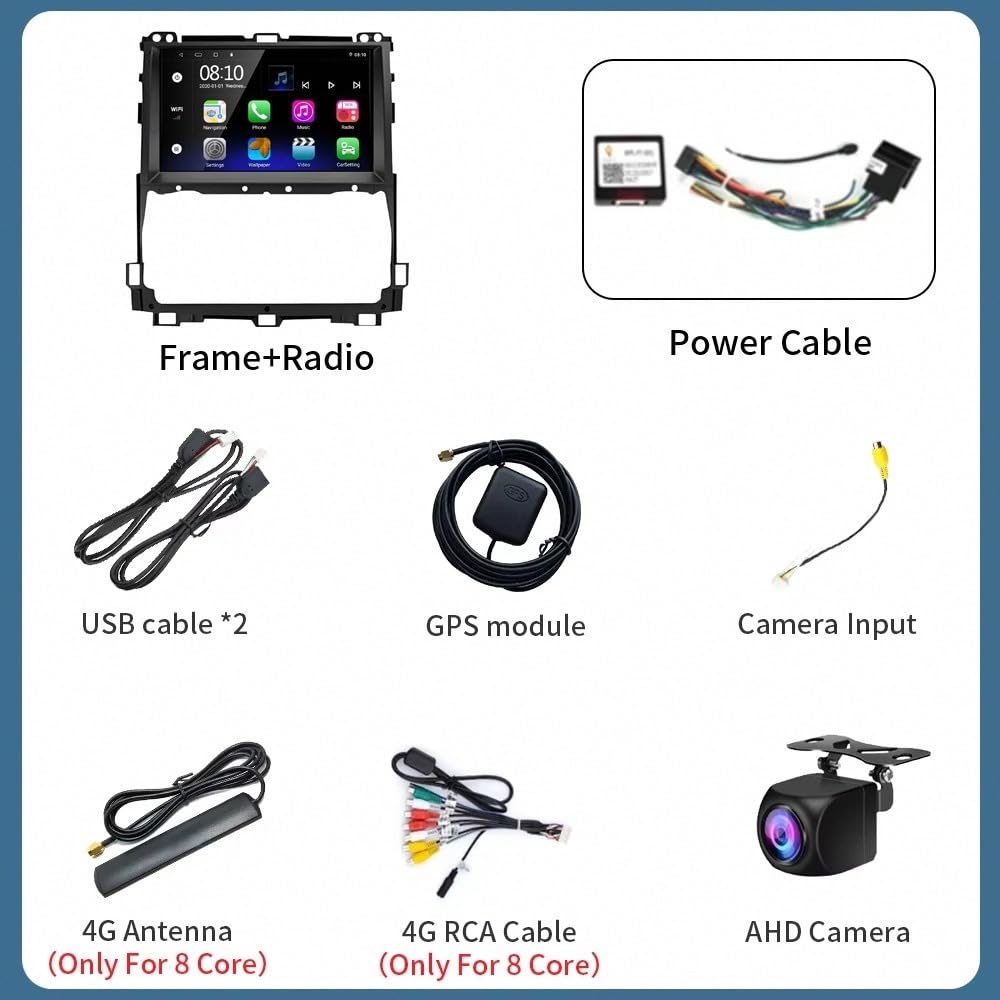 GPS Navi Navigationsgerät 2 Din für Toyota Land Cruiser Prado 120 3 III 2002-2009 mit Bluetooth Fm Radio, Mirror Link, USB, Aux, Bluetooth Unterstützt Tpms Lenkradsteuerung, 4 Kern 4G+64G