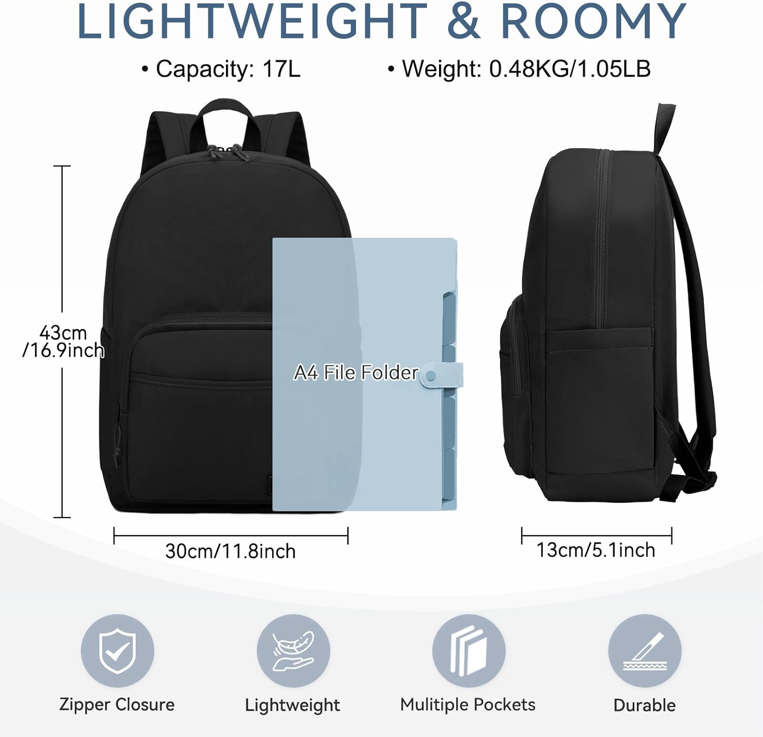 VASCHY School Backpacks, Lightweight Bookbag Schoolbag for Boys Girls Casual Basic Simple Daypack for Men Women Black
