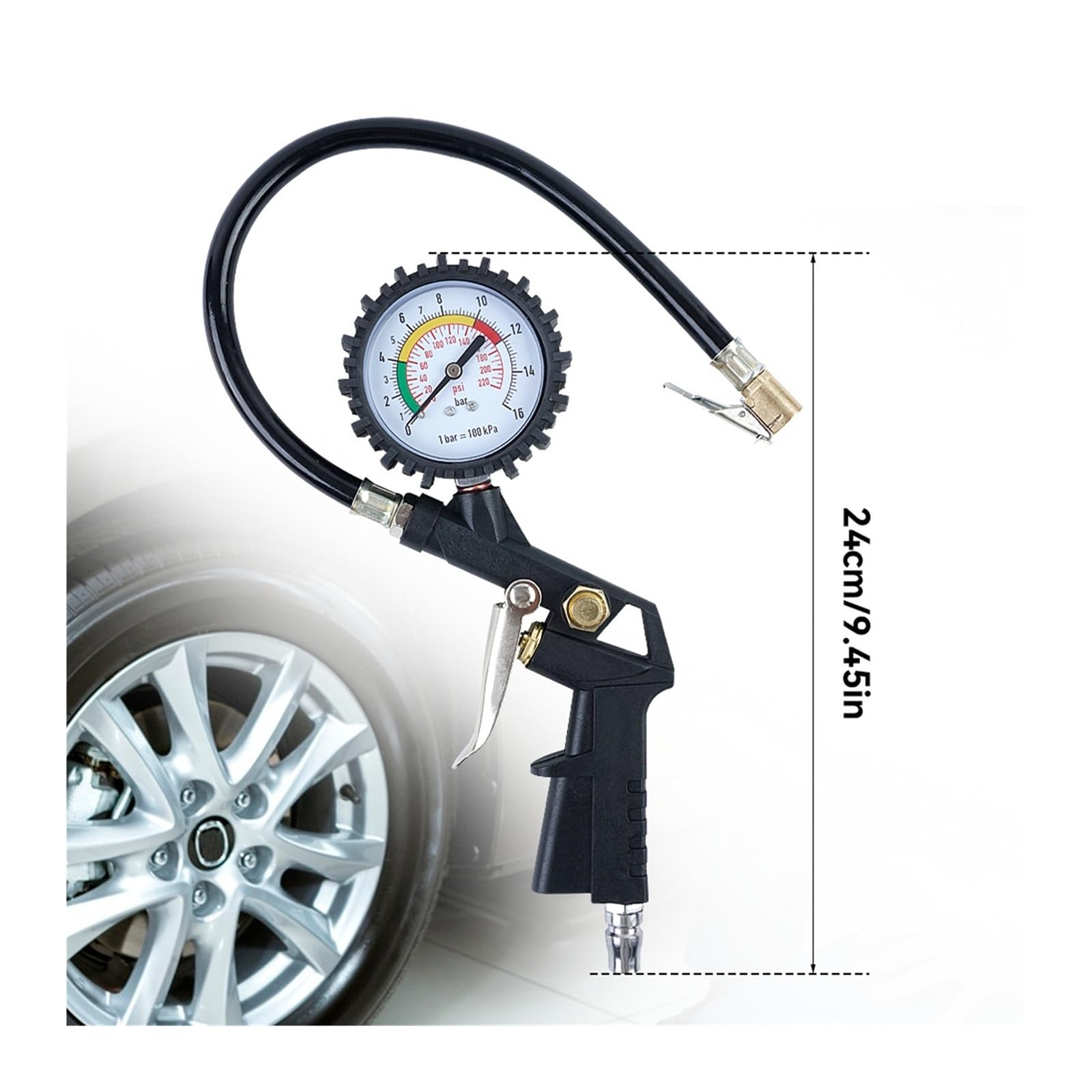 Tire Pressure Gun 0-16Bar/0-220 Pressure Gauge, Tire Pressure Measuring Tool, Inflatable/Deflated, Inflation Pump Accessories(SET-A)