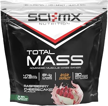 SCI-MX Total Mass - Advanced Muscle Mass Gainer Protein Powder - Muscle Growth & Weight Gain - Raspberry Cheesecake   32g Protein + 478 Calories per Serving   2kg
