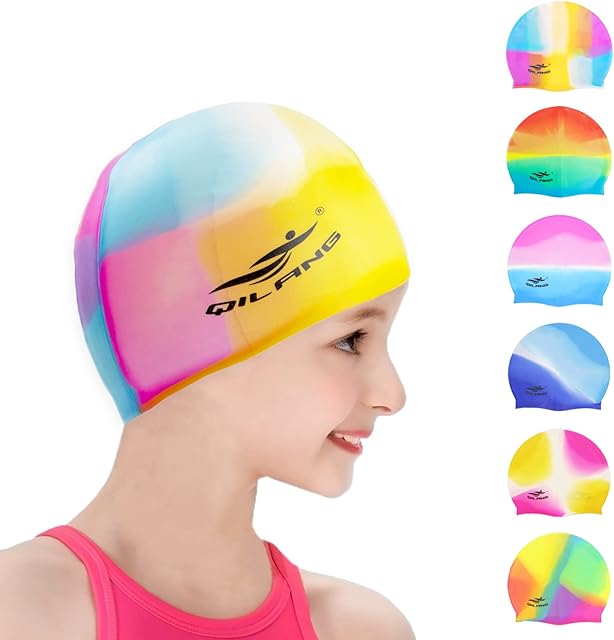 Swimming Caps for Kids, Elastic Silicone Swimming Hat Waterproof Swim Cap for Long Short Hair Girls Boys Kids Teens Children