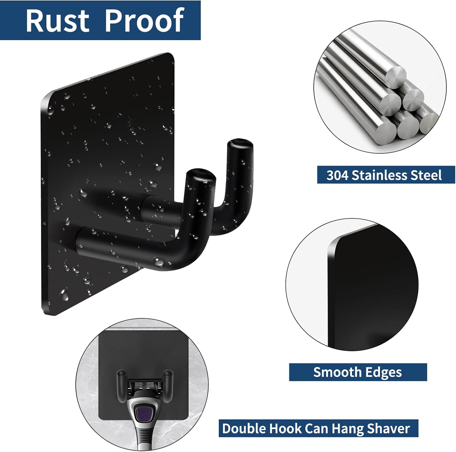 Hawsam 6 Pack Self Adhesive Wall Hooks for Hanging Heavy Duty 44LB/120kg(Max) Adhesive Towel Hooks for Bathroom Black Towel Robe Coat Hook 304 Stainless Steel Sticky Hooks for Hanging Shaver,Hat