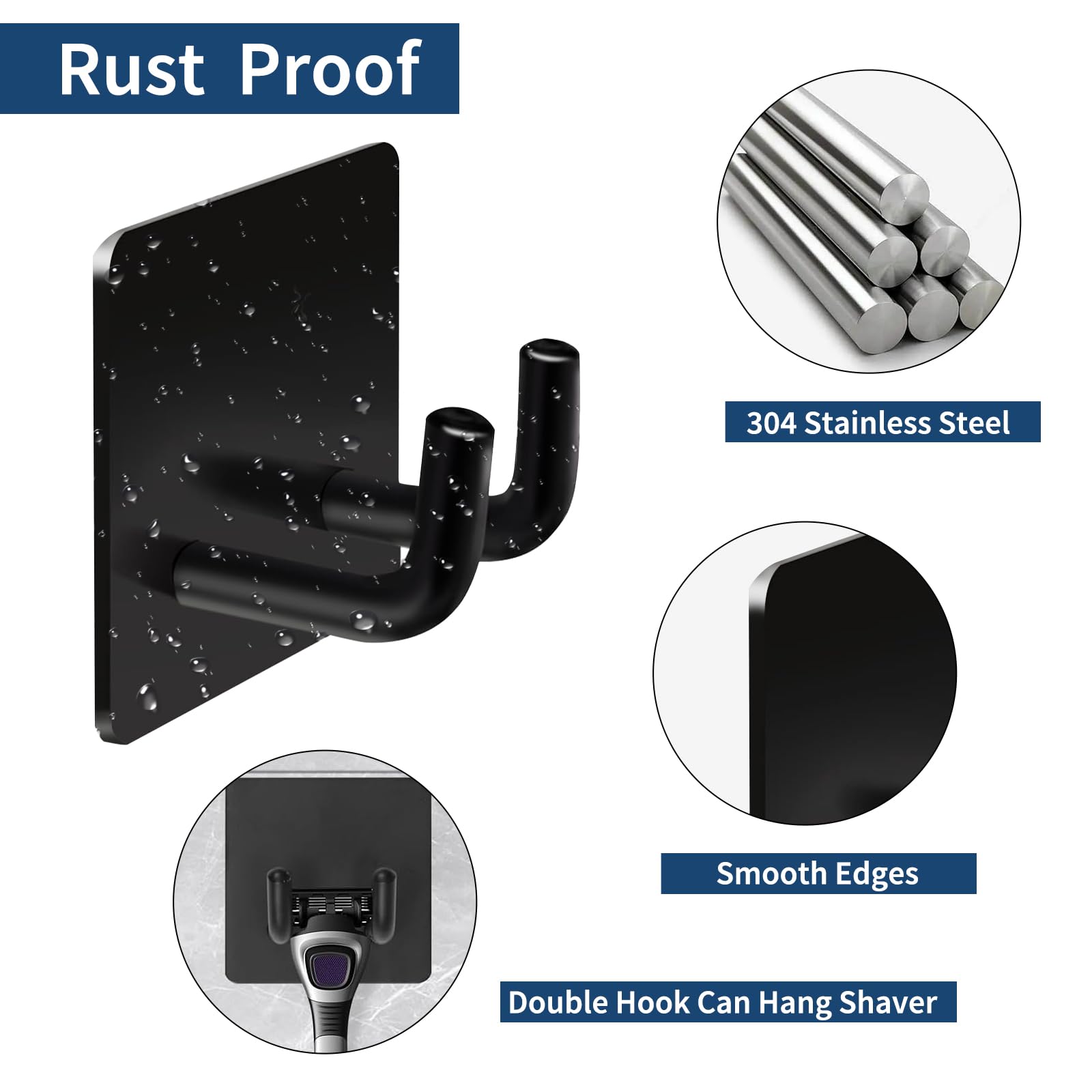 Quavzotu 6-Pack Heavy Duty Sticky Hooks - Large Stainless Steel No Drill Wall Hooks, 8lb Hold