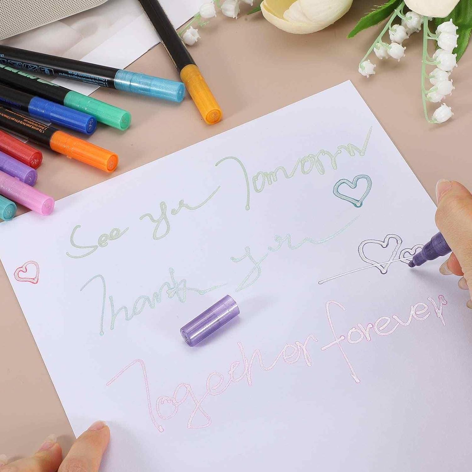 MECCANIXITY 48 Colors Double Line Out-Line Markers, Shimmer Markers Self Out-line Metallic Glitter Marker Pen Set for Scrapbook Drawing Birthday Greeting Cards Journal DIY Art Crafts