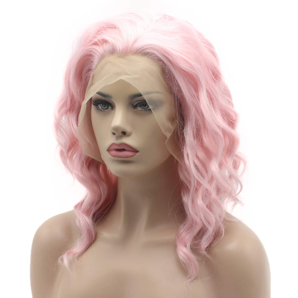 Lushy Hair Lace Front Synthetic Curly Short 14inch Pink Heavy Density Realistic Wigs
