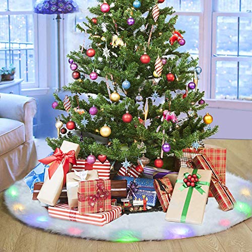 Christmas Tree Skirt with LED Lights - BIGOU 48 inch 2 Modes Snow White Luxury Faux Fur Tree Skirts Base Cover Floor Mat Christmas Lighting Decorations Indoor for Xmas Party Holiday Home Garden - Thumbnail 3