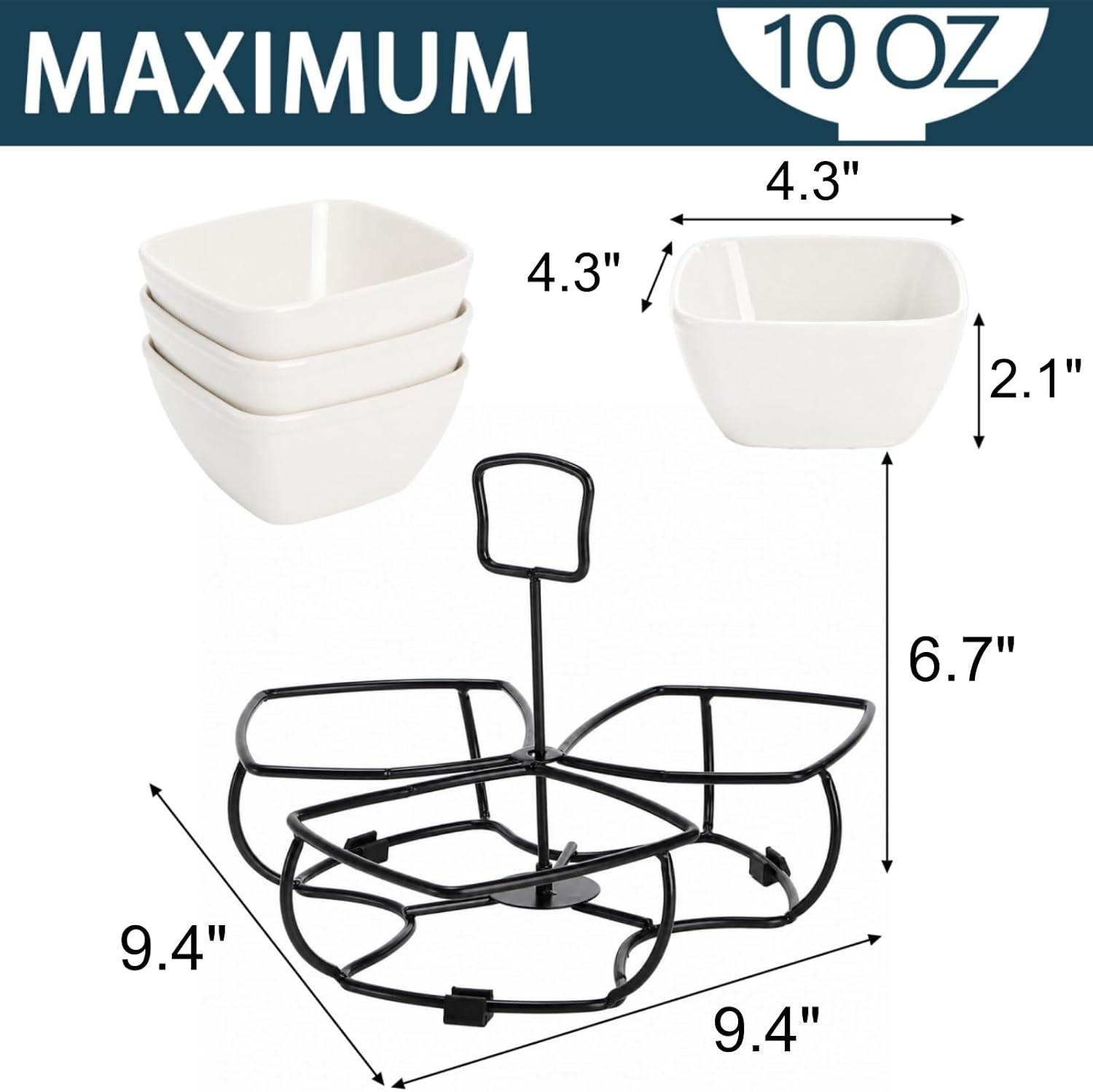 3 Pcs Square Bowl Chip & Dip Serving Set, with Metal Rack Stand