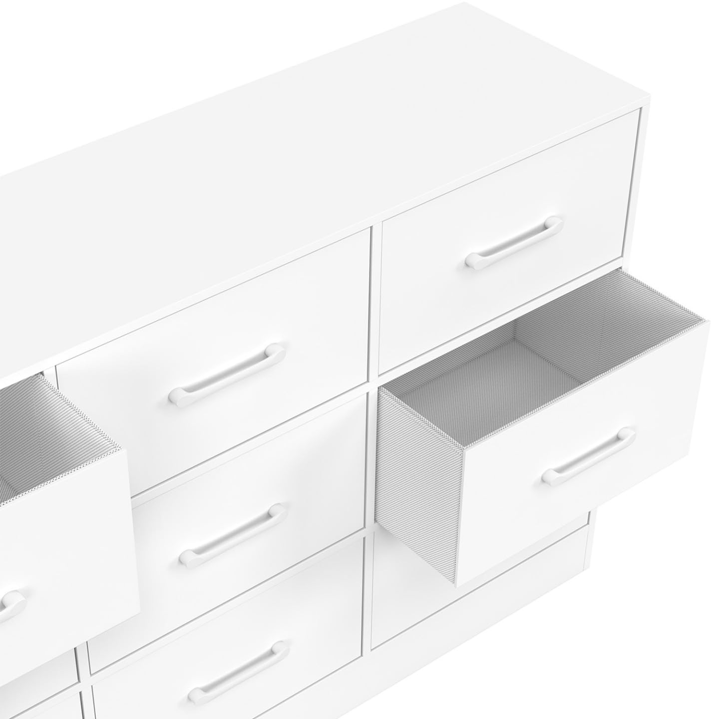 IDMarket UPPAH - Cajonera 9 cajones de tela (113 cm, mueble de almacenamiento de madera, color blanco