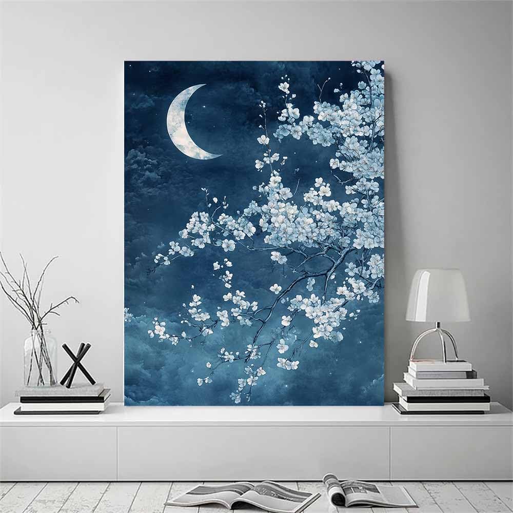 HOQIU Dekoracja ścienna kwiaty nocne niebo białe księżycowe kwiaty. płótno ścienne dekoracja, plakat, salon sypialnia dekoracje do domu (niebieski)-80x120cm Nieoprawione