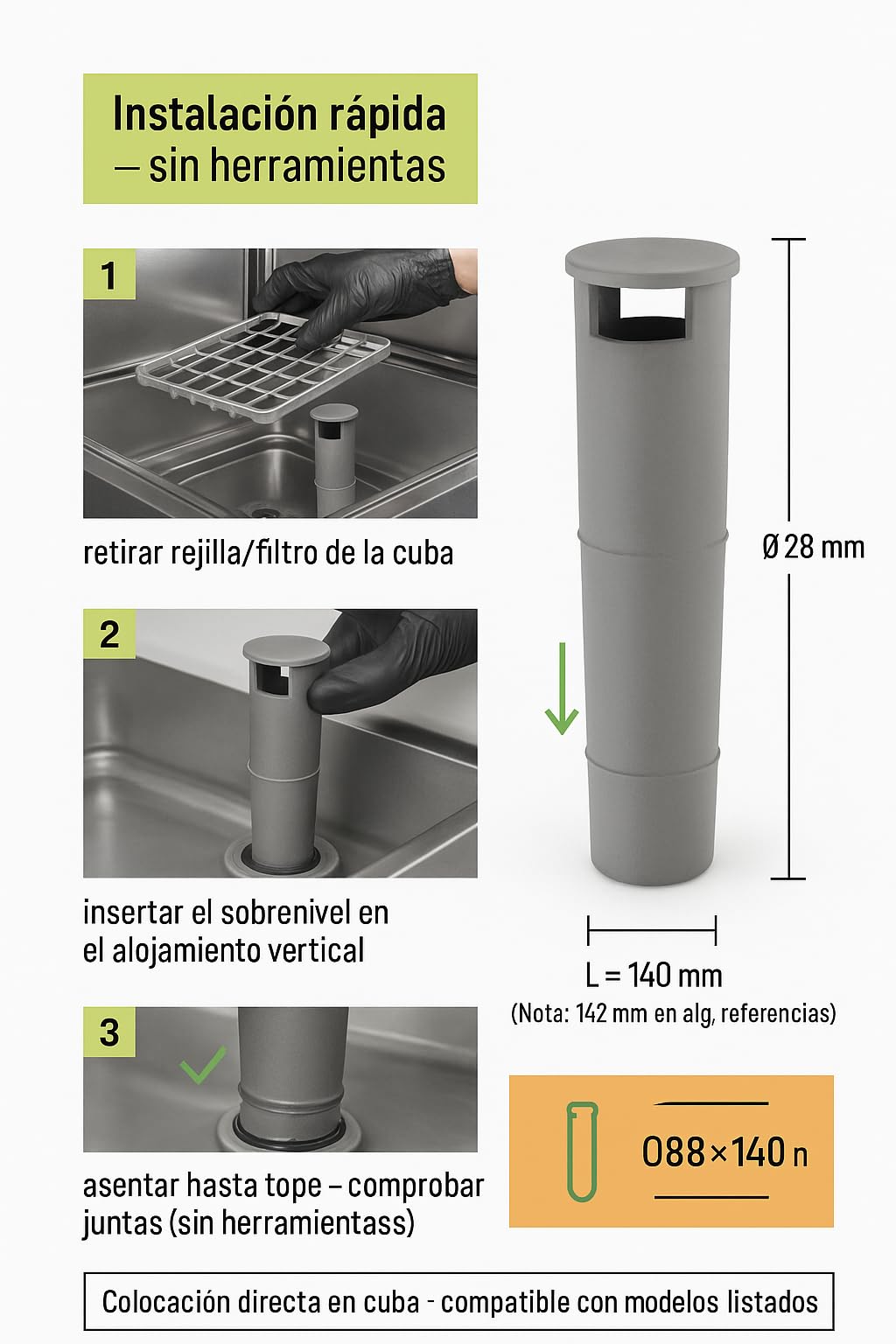 CubetasGastronorm ® Sobrenivel Ø28x140mm DERBY-CF Star Ls Dihr Lavavajillas Profesionales Hostelería Alta Resistencia Instalación Fácil Duradero Accesorio Técnico Maquinaria Industrial Cocina