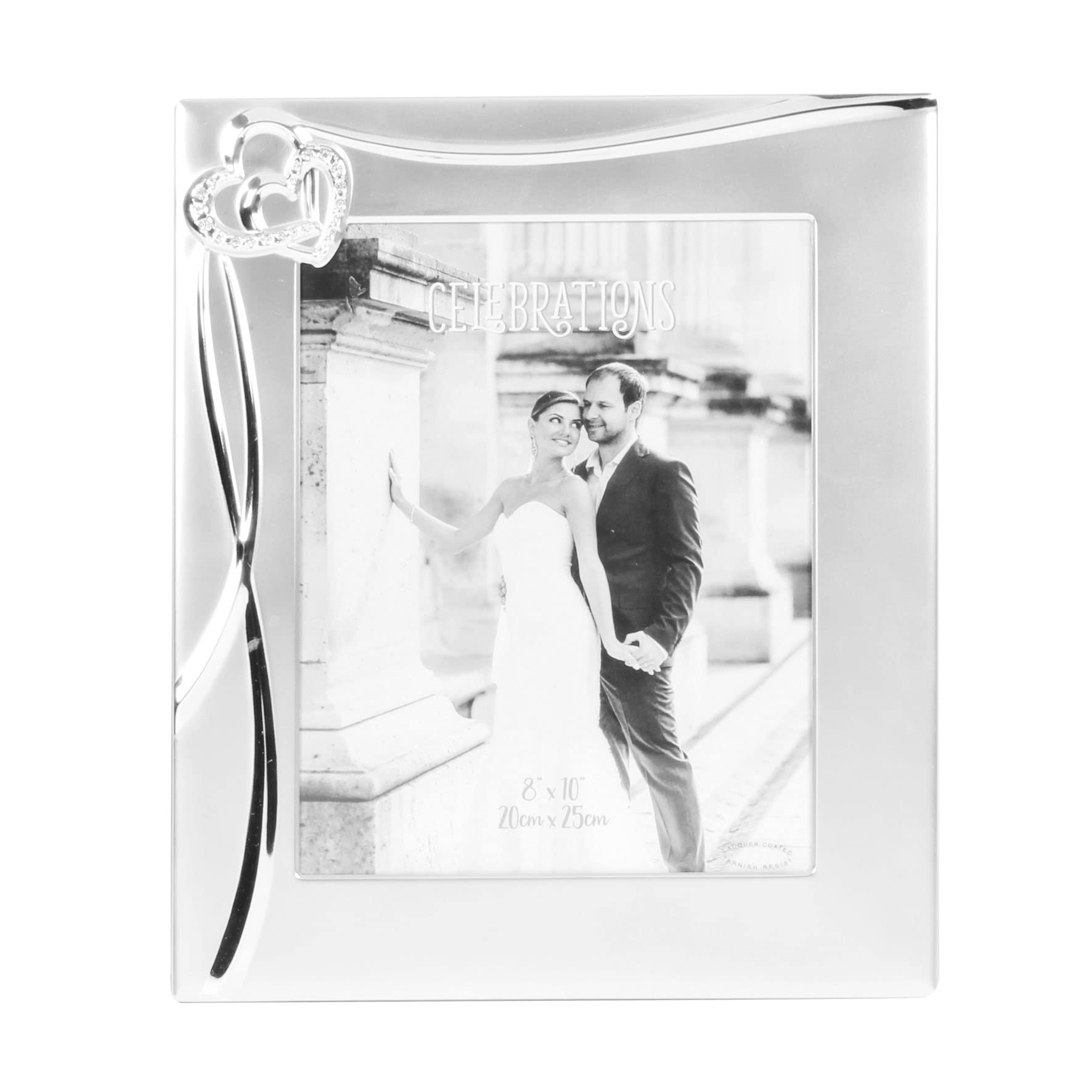 Cornice portafoto placcata in argento per anniversario di matrimonio, 20 x 25 cm, con cuori e cristalli