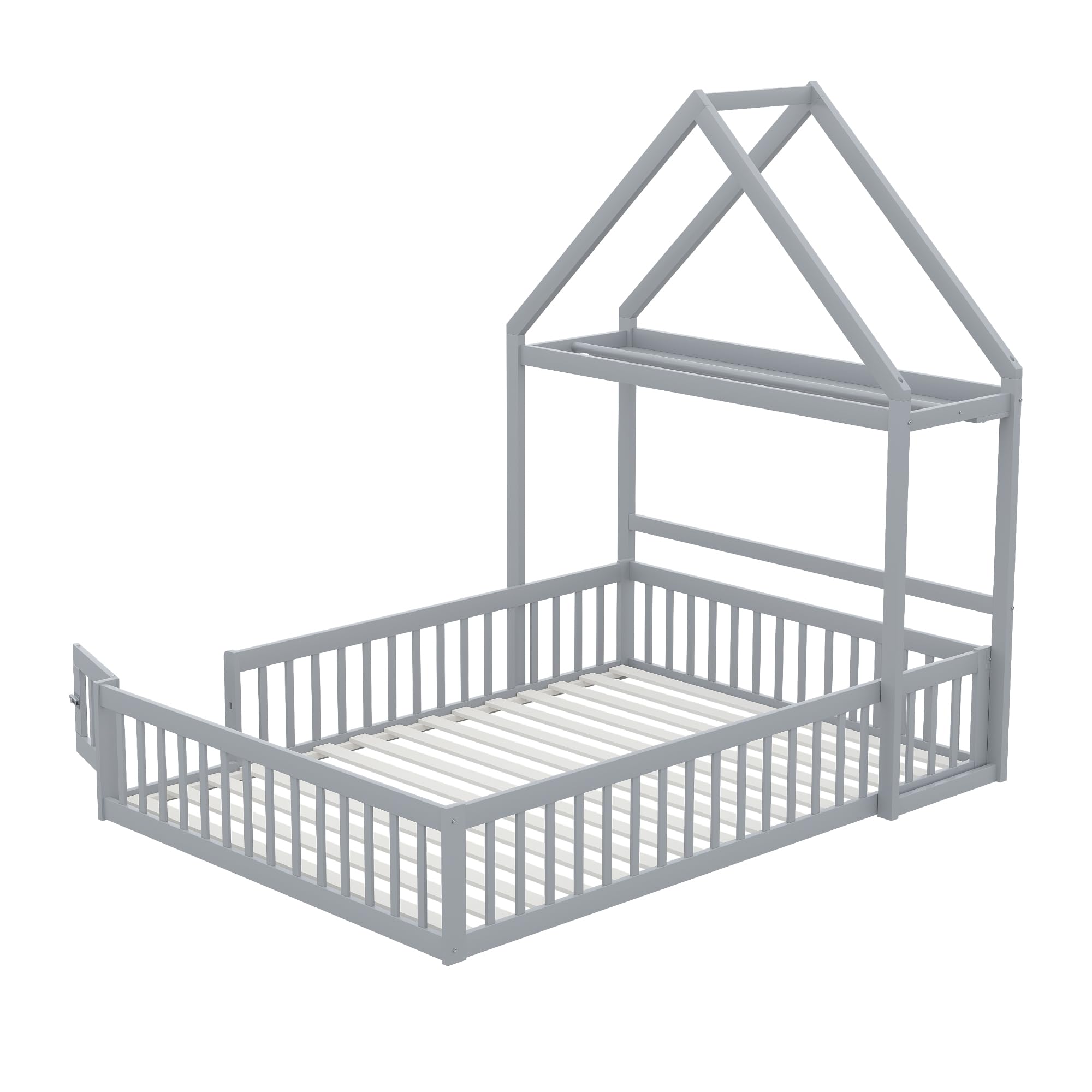 Merax Lit Enfant 140x200 cm Cabane au Sol avec Protection Antichute Sommier à Lattes Gris