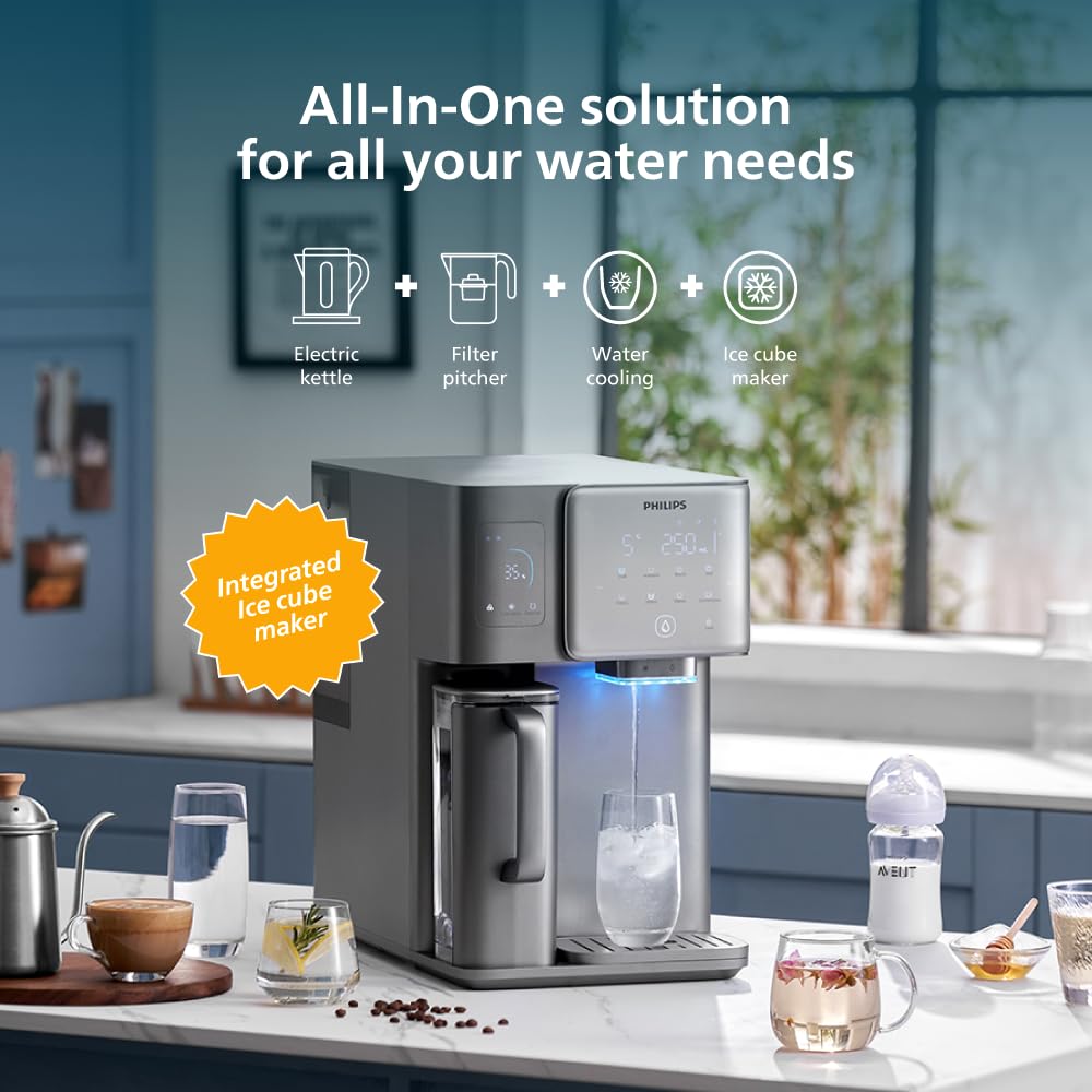 Philips Dispensador de agua por Ósmosis Inversa 9000: agua fría y caliente purificada al instante, función de hielo, minerales esenciales, filtración RO 6en1, >110 contaminantes reducidos, UV-C, 2000L
