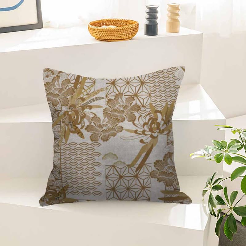Image of Throw Pillow Covers Japanese Gold Floral and Geometric Tile Geometric Chinese Japanese Pillow Case 18x18 Inch Cushion Cover for Home Party
