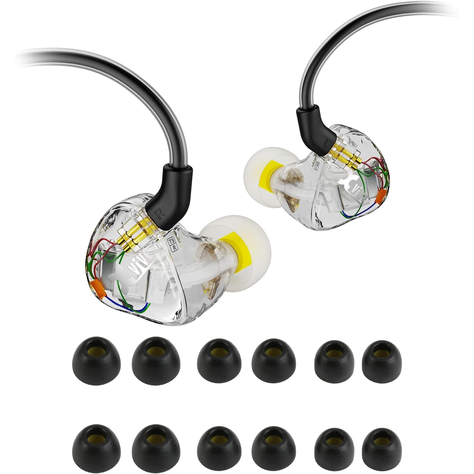 Xvive T9 Dual Balanced-Armature Drivers in-Ear Monitor Earphone Bundle T9 Memory Foam Earphones Tips, 6 Pairs，S/M/L(Black)