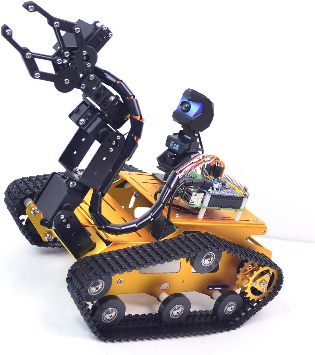 Raspberry Pi Smart WiFi Robot Car Kit, with 2DOF Hd Camera 4DOF Robotic Arm Tank Chassis Kit, Remote Control Programmable AI Vehicle Toy Controlled by Android/iOS App PC