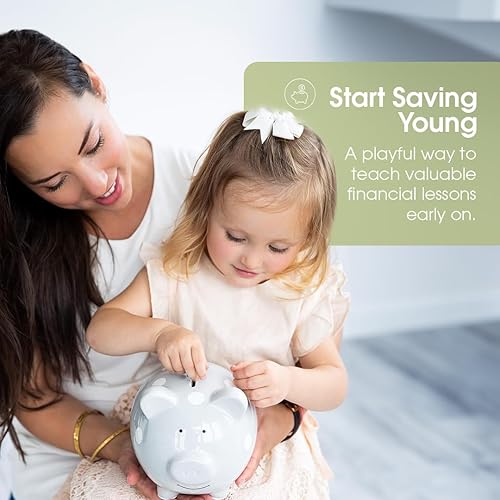 Miniatura 46 de Pearhead - Alcancía de cerámica de cerdito (ideal como regalo), Hucha gris, Gris