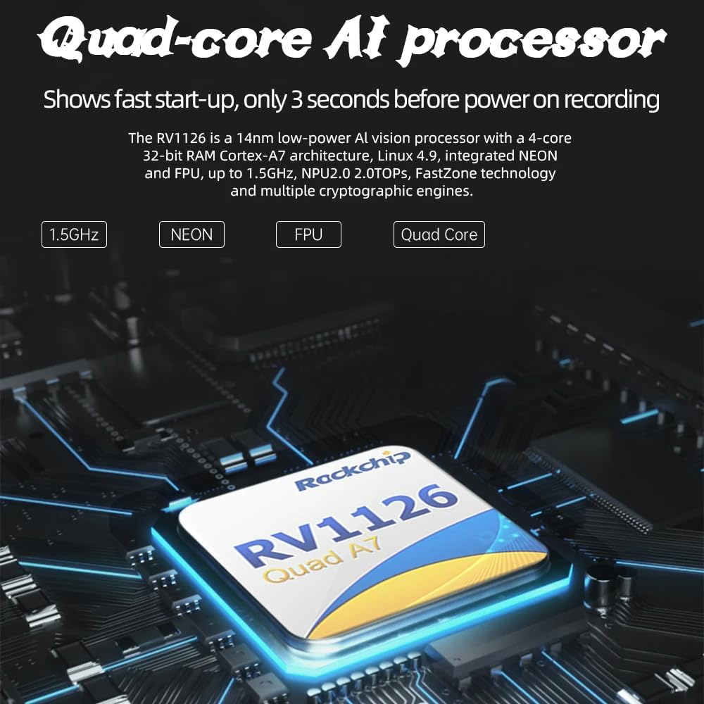 Close-up image of a Rockchip RV1126 Quad A7 processor chip on a circuit board, with text highlighting 'Quad-core AI processor' and specifications like 1.5GHz, NEON, FPU.