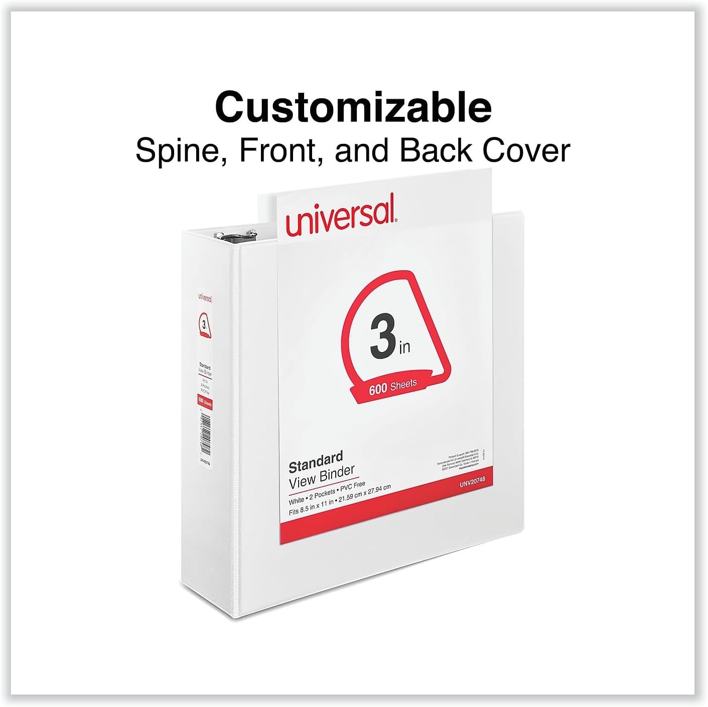 Universal 3" D-Ring View Binder, 600 Sheet Capacity, White