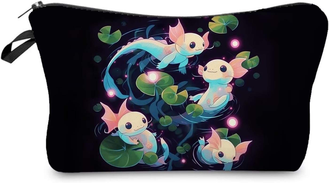 Cartoon Axolotls Makeup Bag Cute Small Organizer Zipper Pouch Cartoon Axolotls Cosmetic Bag Birthday Present for Women Friends -1