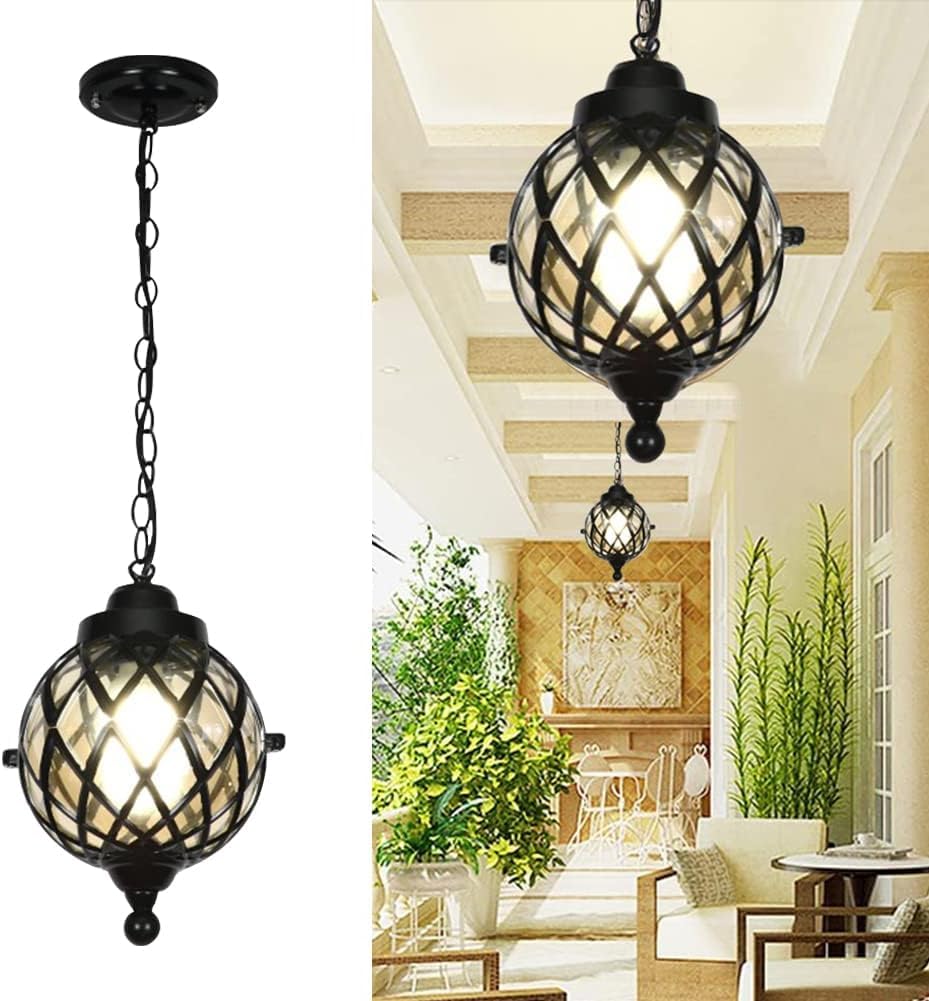 Outdoor Pendant Light Fixture Farmhouse Exterior Hanging Ceiling Lights Anti-Rust Aluminum with Frosted Glass Hanging Lantern Outdoor Chandelier for Gazebo Front Door Porch Patio Entryway 242(Black,