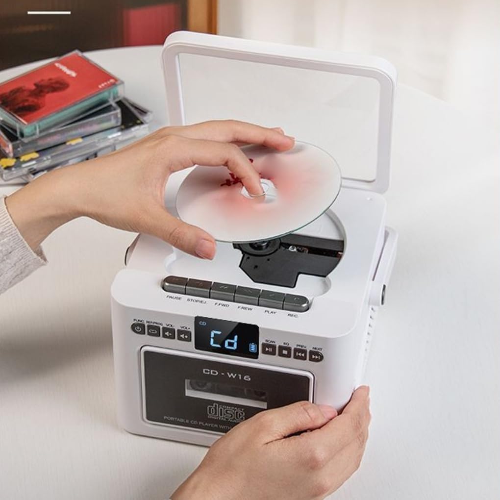 Lettore CD con altoparlante Bluetooth bidirezionale, suono HIFI, schede TF, modalità unità USB, batteria a lunga durata, ABS, bianco, Ha la funzione nastro