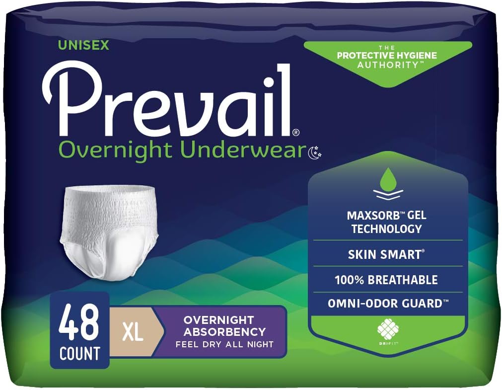 Prevail Incontinence Unisex Overnight Protective Underwear, Overnight Absorbency, X-Large, 48 Count